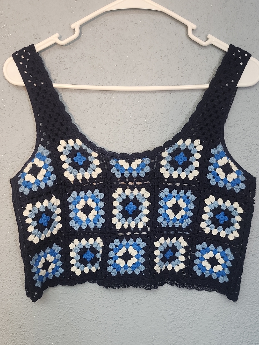 Sincerly Jules Navy Crochet Square-Panel Crop Top with Blue and White Accents